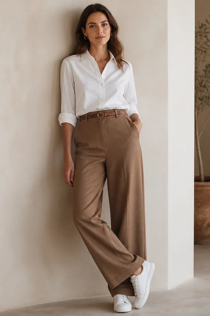 Model wearing a crisp white button-up with sleeves rolled to the forearm, paired with medium brown wide-leg pants. The shirt is fully tucked with a smooth, wrinkle-controlled waist. Accessories are simple gold hoops and a thin belt. Shoes are white leather low-top sneakers.