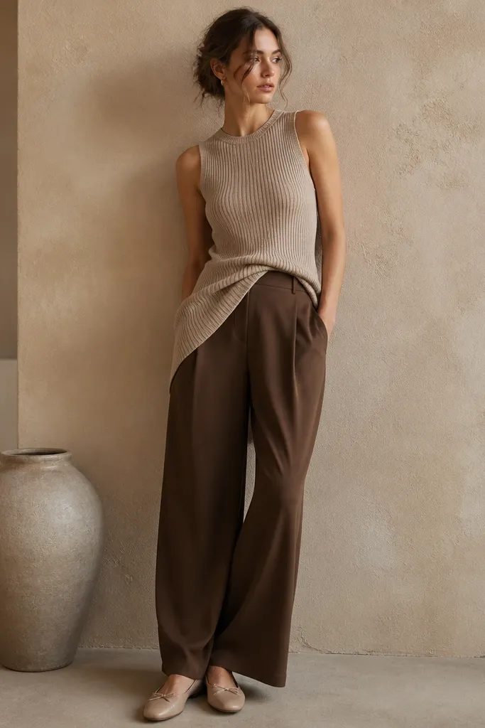 Person wearing a beige ribbed knit top that looks like a dressy tank-dress length but is styled with a front tuck into brown wide-leg pants. The outfit is monochrome-beige top with deeper brown trousers. Shoes are nude ballet flats; the photo highlights texture and tone-on-tone styling.