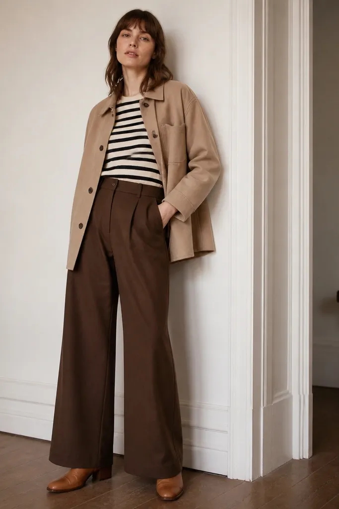 Model wearing a black-and-cream striped tee tucked into brown wide-leg pants. A camel overshirt is worn unbuttoned, creating a light layer. Tan leather boots with a low heel complete the look. The photo shows the stripes peeking at the waist and the pants’ wide hem.