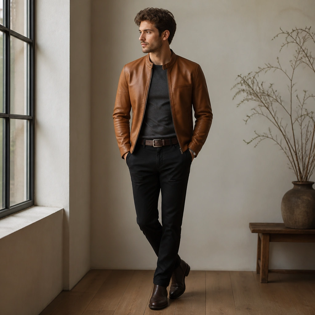 A light brown leather jacket over a charcoal crew-neck tee with black slim chinos. The outfit is styled with dark brown leather boots and a simple belt.