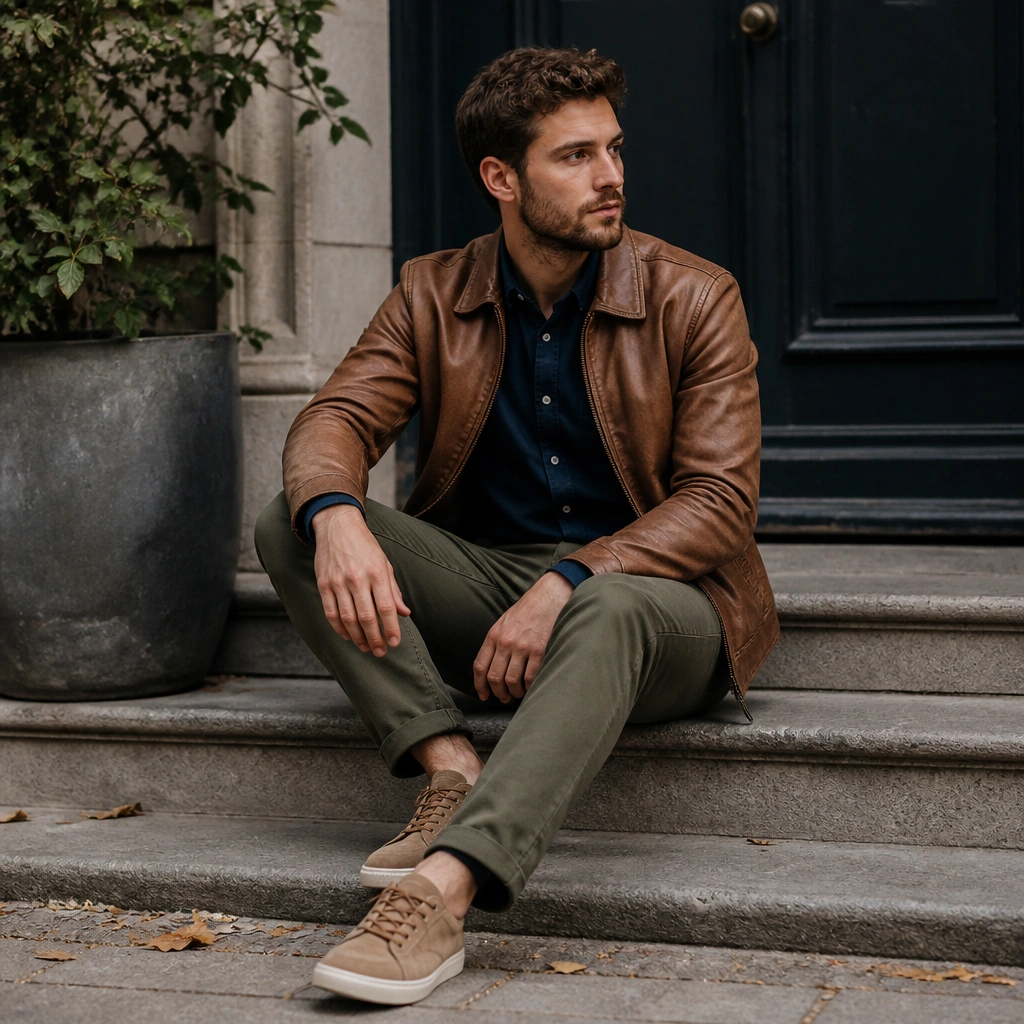 A light brown leather jacket layered over a navy button-up oxford shirt with olive chinos. A pair of tan suede sneakers completes the look.