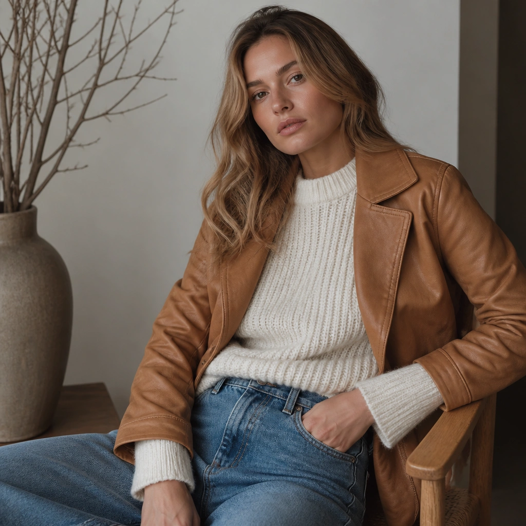 Light brown leather jacket worn over a white chunky knit sweater with medium wash jeans. The sleeves peek out slightly and the jacket is left unbuttoned.