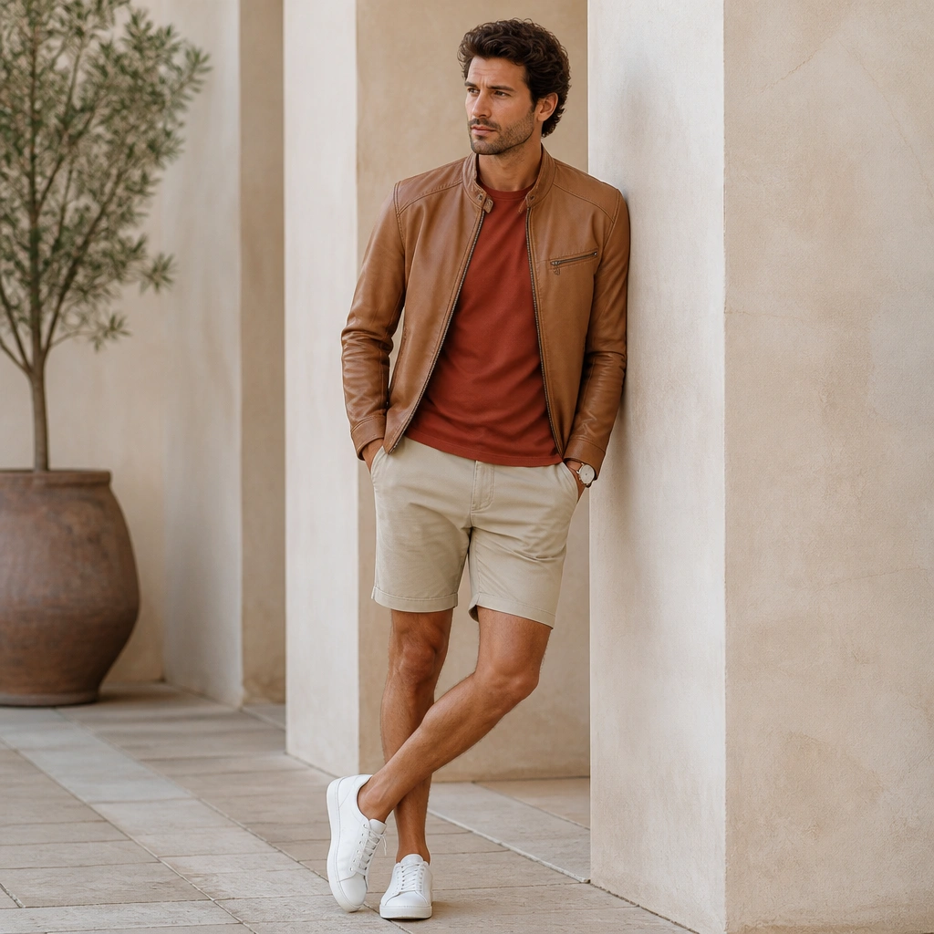 A light brown leather jacket layered over a rust-colored t-shirt with stone/khaki chino shorts. The look includes white sneakers and a simple watch.