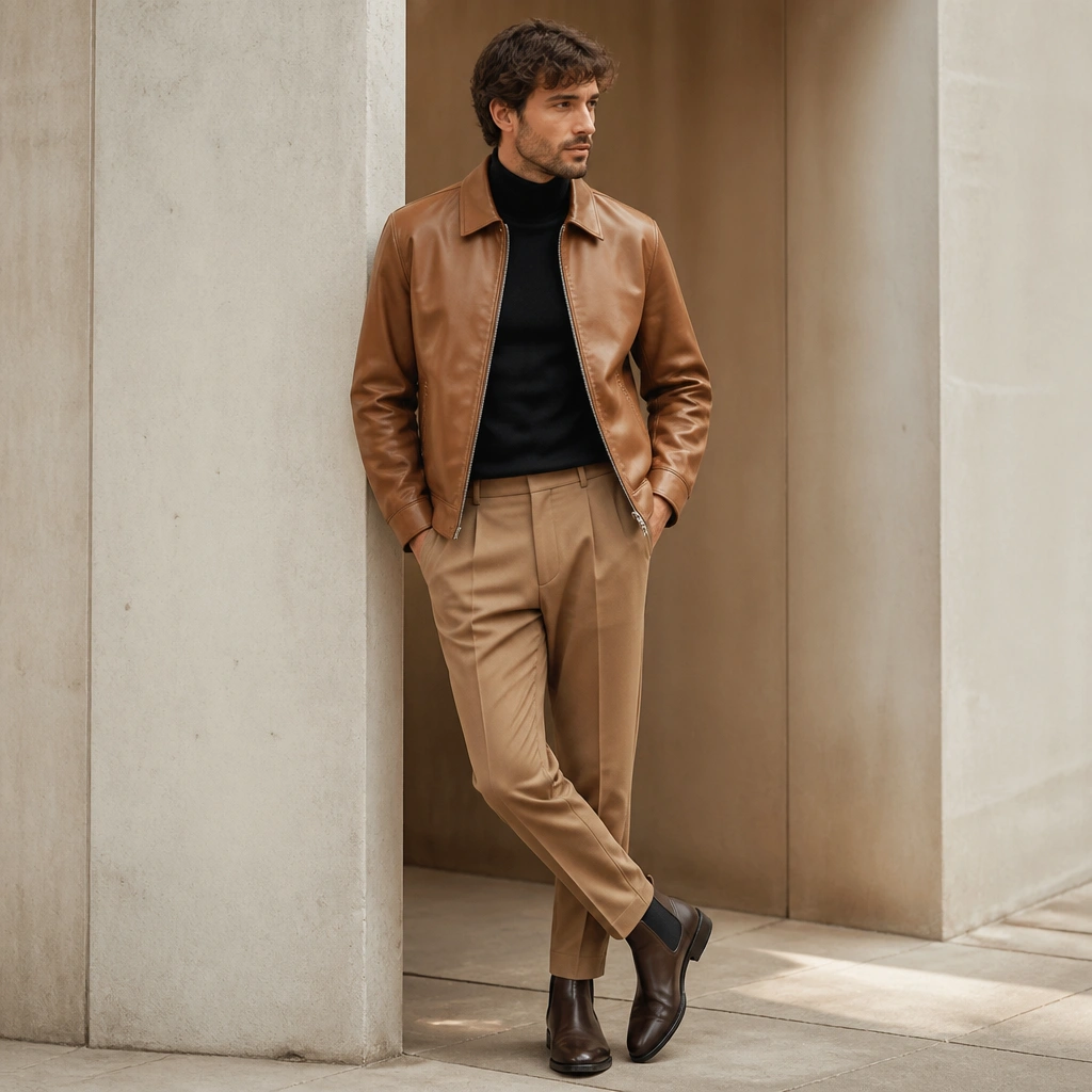 A light brown leather jacket worn over a black turtleneck with camel tapered trousers. The outfit is finished with dark brown Chelsea boots.