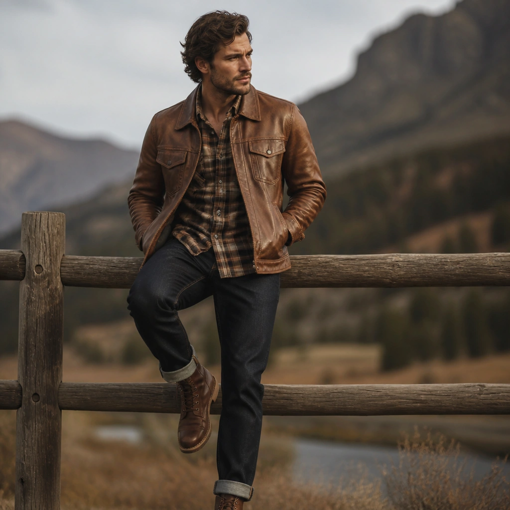 A light brown leather jacket over a brown-and-beige plaid flannel shirt, paired with dark indigo jeans. The outfit shows a casual, slightly rugged styling with boots.