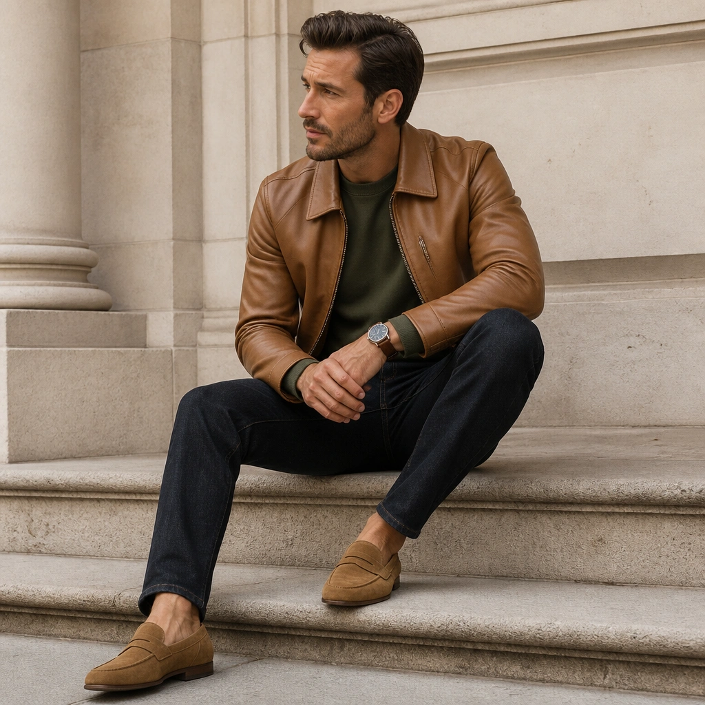 A light brown leather jacket worn over an olive crewneck sweatshirt with slim dark jeans. Tan suede loafers and a brown leather watch are visible.
