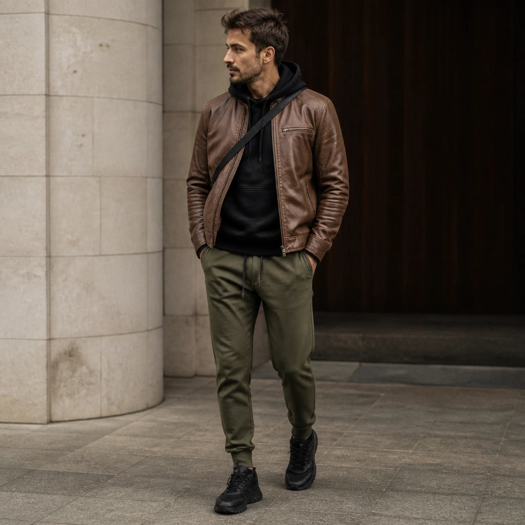 A light brown leather jacket over a black hoodie with olive joggers. The outfit includes black sneakers and a crossbody bag strap visible.