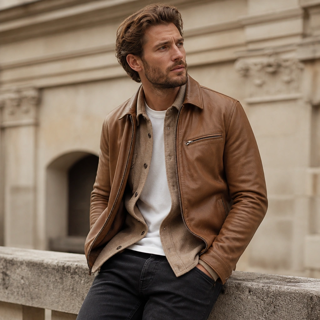 A light brown leather jacket worn over a camel overshirt layered on top of a white tee, paired with slim dark jeans. The overshirt collar is visible under the jacket.
