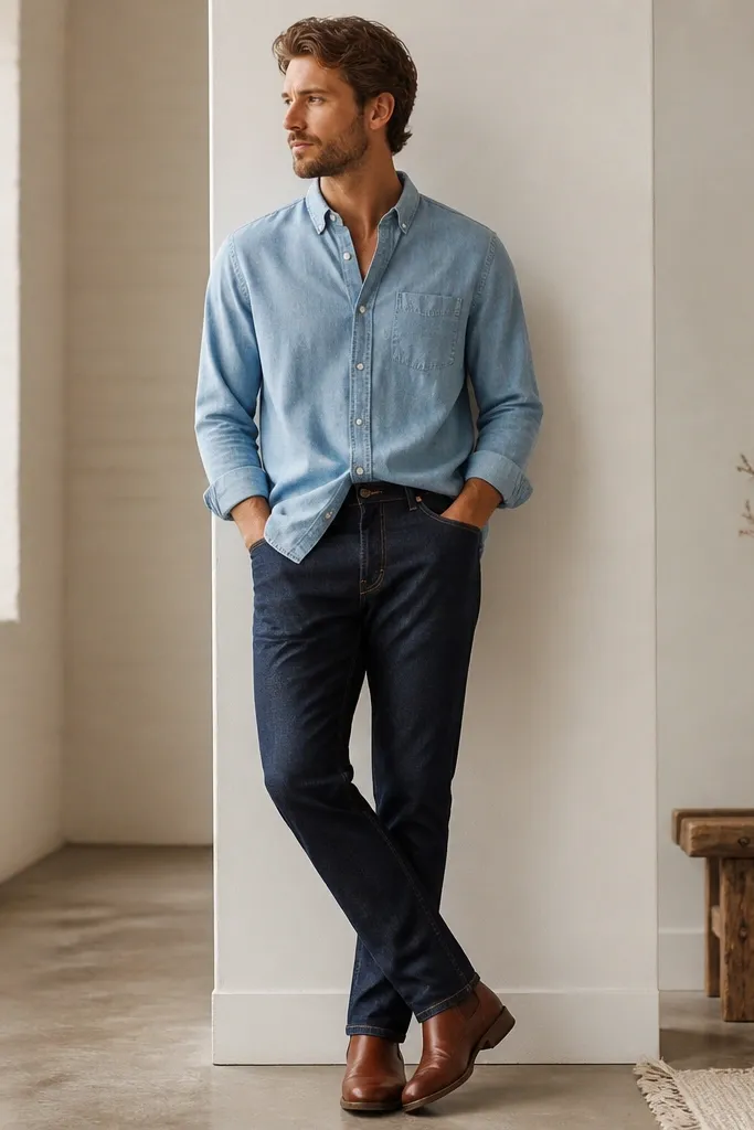 A light blue chambray shirt worn half-tucked into dark wash jeans, paired with cognac leather boots. The shirt has a relaxed fit and the top button is open; the cuffs are neatly folded once.