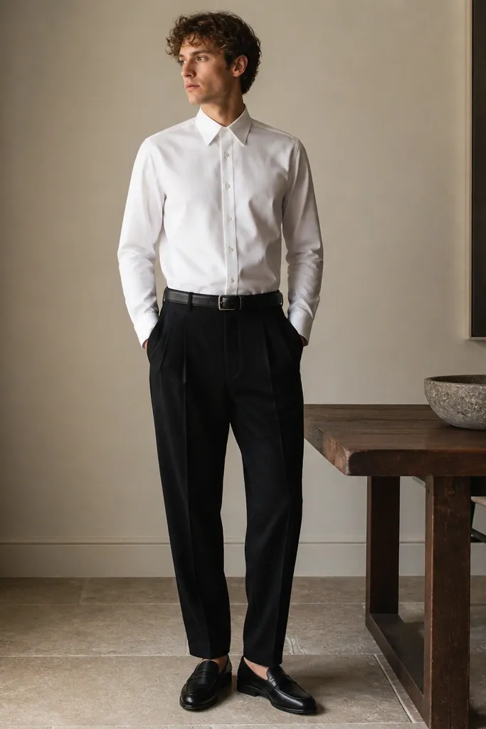 A crisp white button-up tucked into black pleated trousers with a black leather belt and black loafers. The shirt is buttoned up to the collar, with sleeves down and the hem neatly aligned.