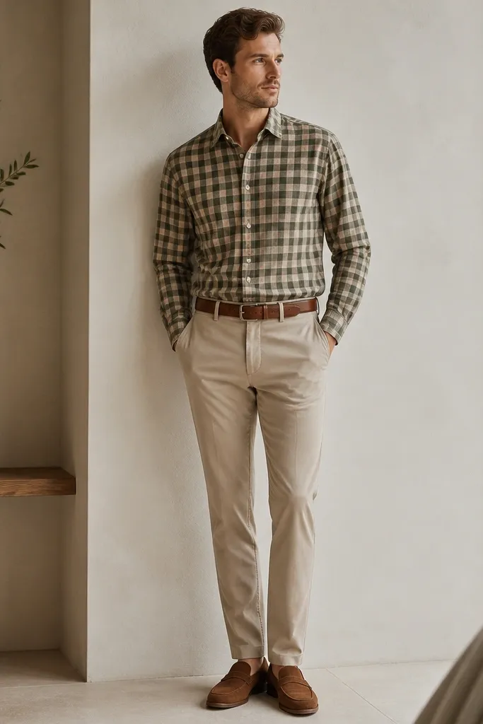An olive-and-tan check button-up worn tucked into beige tapered pants. A medium-brown belt matches the shoes, and the outfit includes suede-style brown loafers.