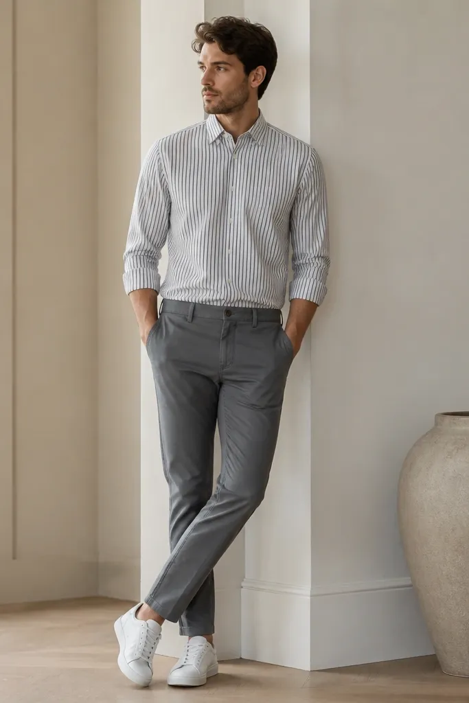 A black-and-white striped button-up tucked into mid-grey chinos, paired with white trainers. The shirt is buttoned and the sleeves are rolled once for a casual-smart look.