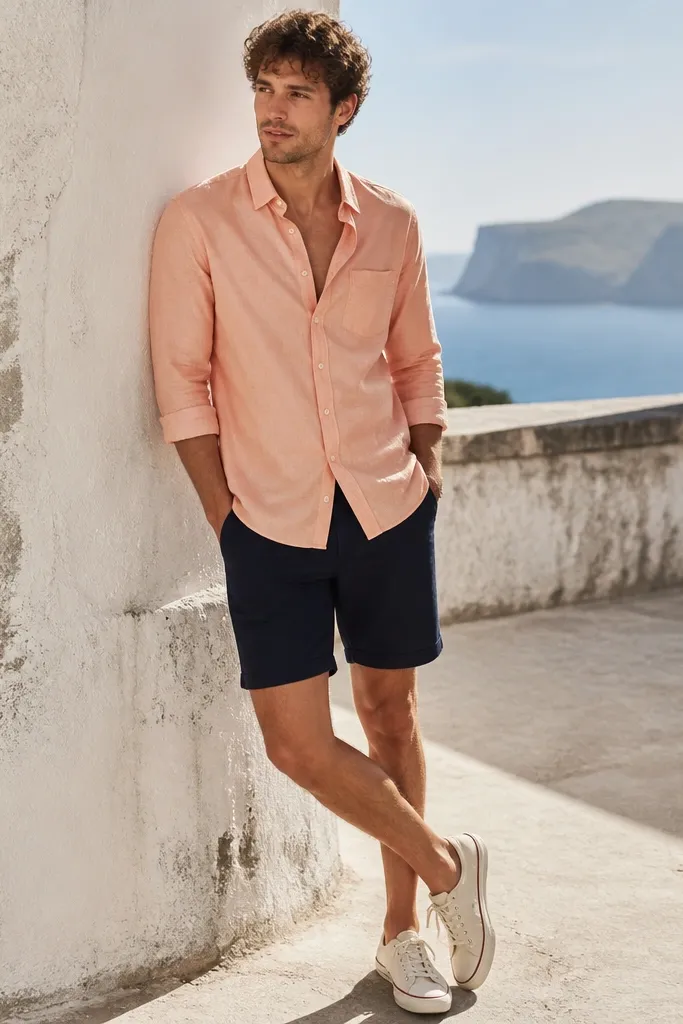 A peach button-up worn untucked over navy shorts, paired with light canvas sneakers. The shirt is slightly open at the top with a relaxed collar and rolled sleeves to the forearm.