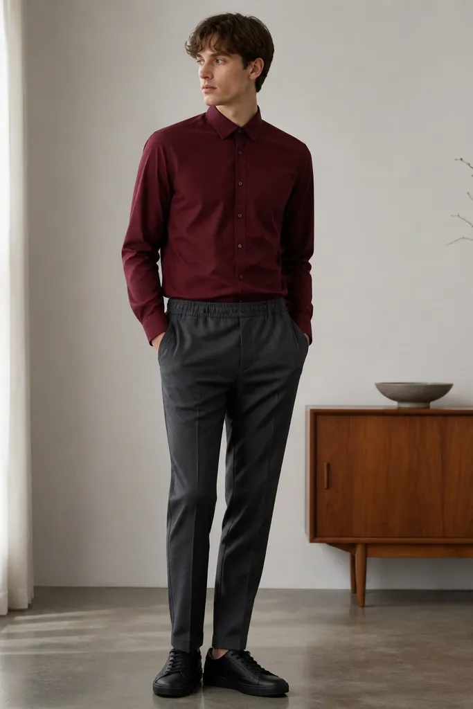 A burgundy button-up tucked into dark grey tapered trousers with an elastic-waist feel, paired with black sneakers. The shirt is buttoned at the collar and the cuffs are left down.