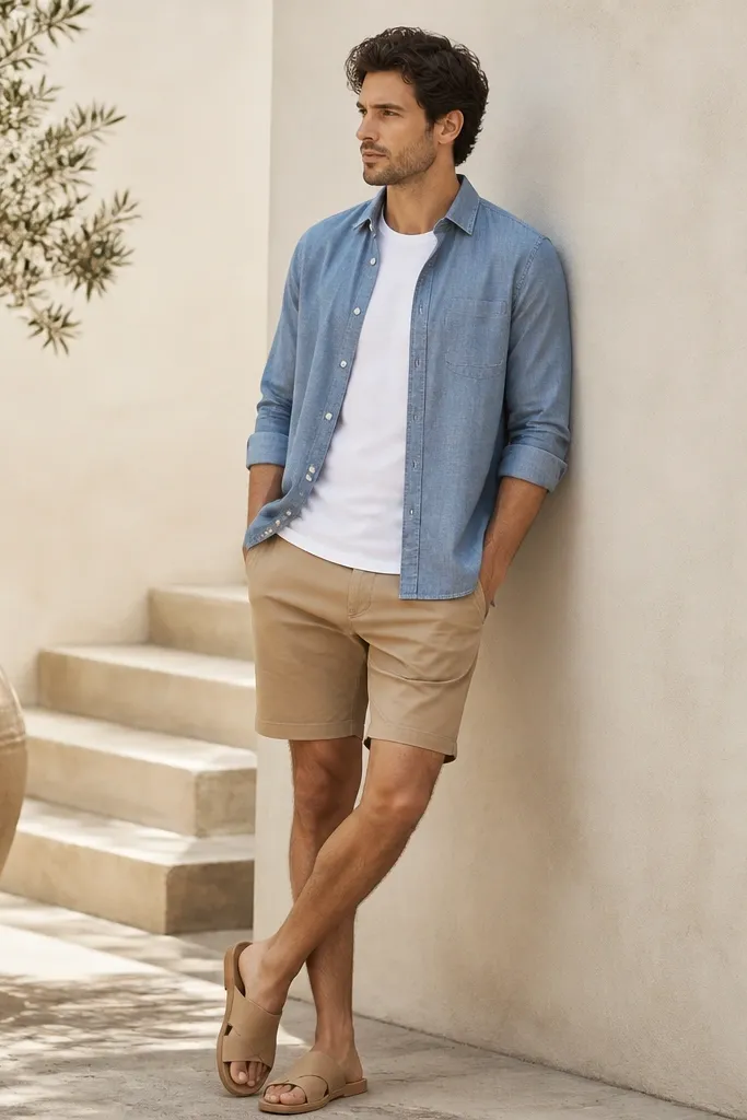 A blue chambray button-up worn open over a plain white crew-neck tee. It’s paired with tan shorts and light brown slides; the sleeves are rolled once.