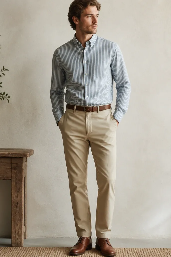A muted striped chambray shirt tucked into light khaki pants. The outfit includes brown leather shoes and a belt that matches the shoes; sleeves are down with the cuff buttoned.