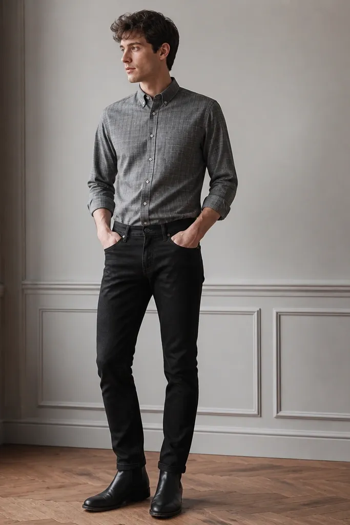 A grey check button-up tucked into black denim jeans. The model wears black Chelsea boots; the shirt collar is buttoned and sleeves are slightly rolled.