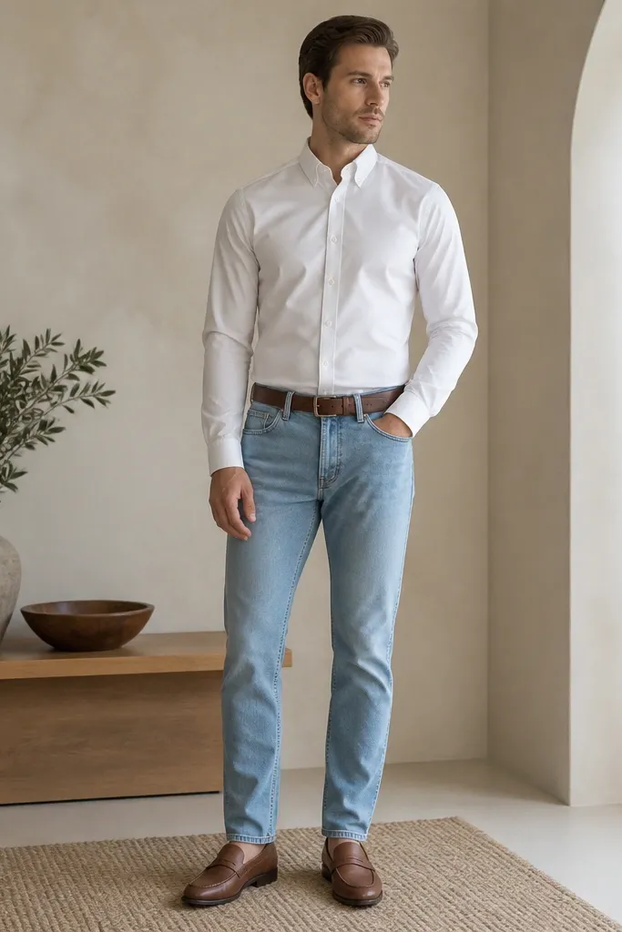 A white button-up tucked into light blue jeans with a brown belt and brown slip-on loafers. The collar is neat, sleeves down, and the top button is closed.