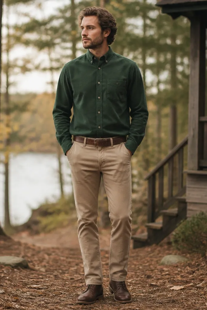 Forest green flannel button-up fully buttoned with a chest pocket, worn with tan chinos and a brown belt; brown boots are visible and the background is a casual outdoor setting.