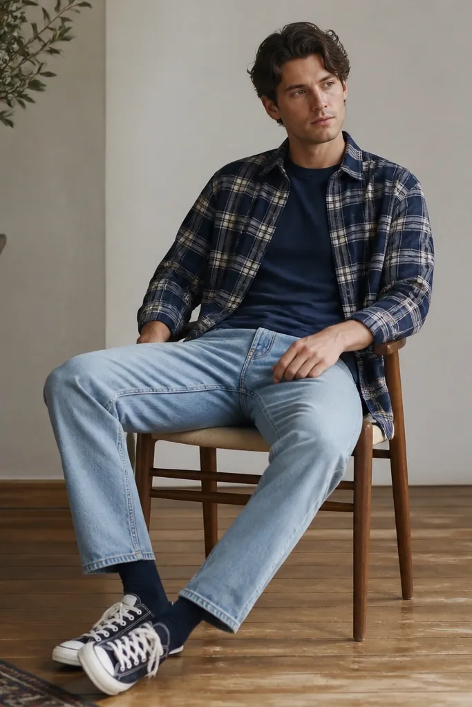 A navy plaid flannel worn over a navy crewneck tee, paired with light wash straight-leg jeans; dark crew socks and classic sneakers are shown.