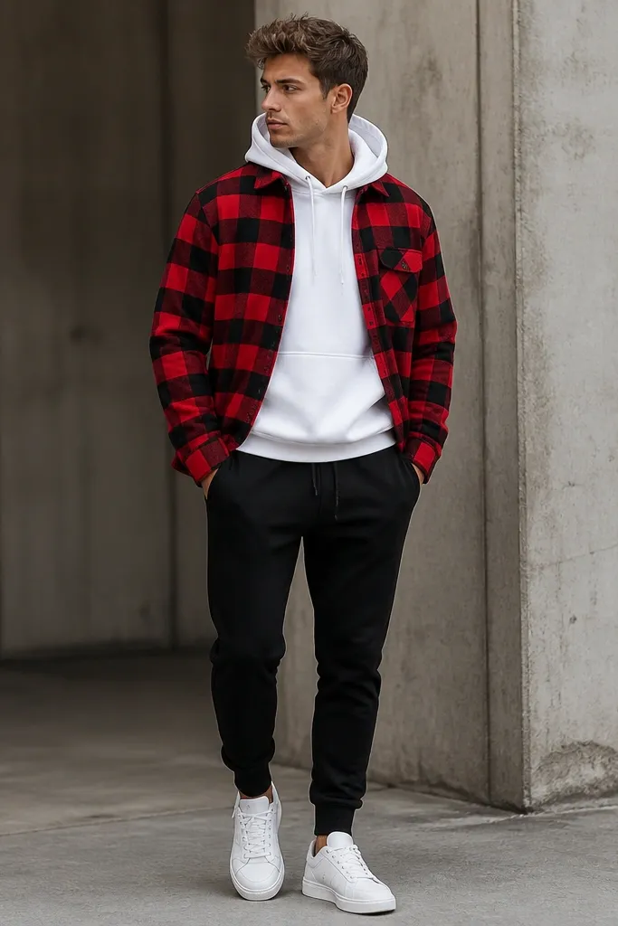 A red buffalo check flannel worn open over a white hoodie, paired with black joggers and white sneakers; the outfit looks streetwear-casual.