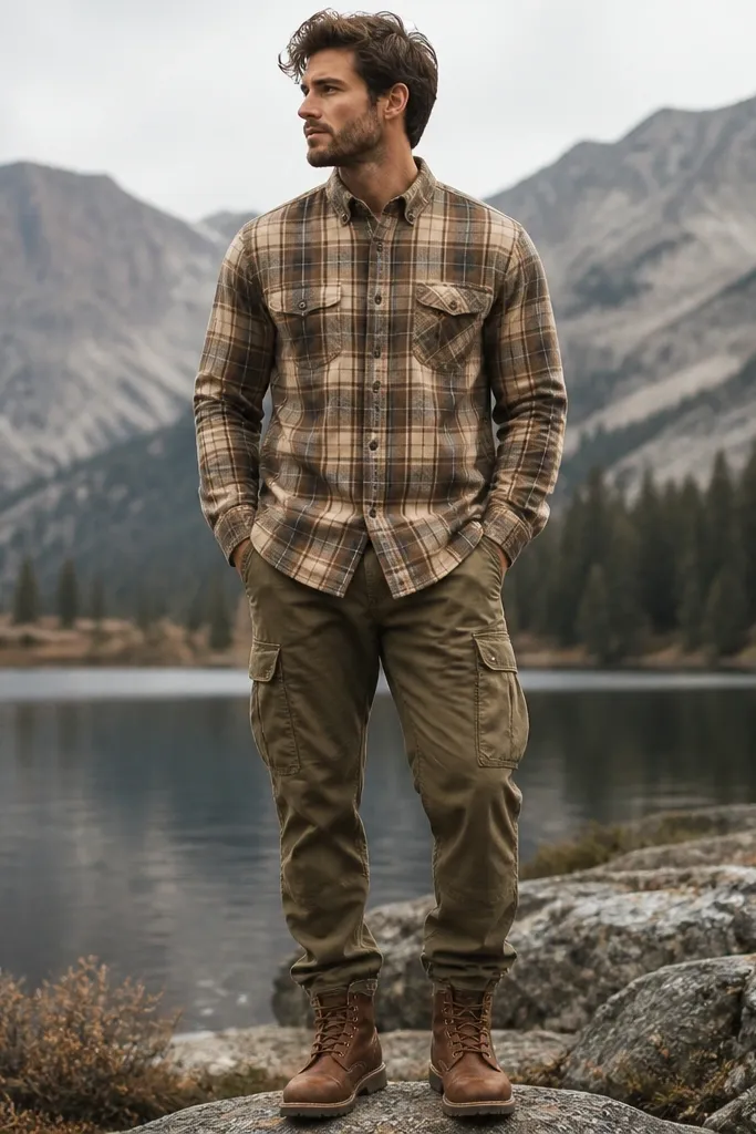 A beige and brown plaid flannel buttoned up, styled with olive cargo pants and rugged brown work boots; the outfit is outdoorsy and textured.