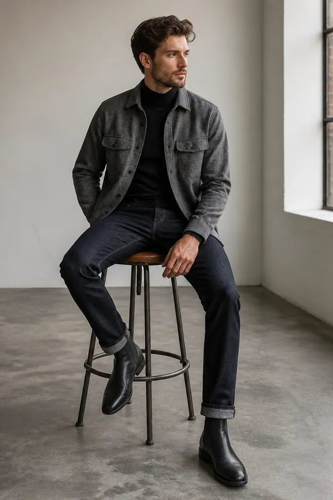 A gray flannel overshirt worn open over a black turtleneck, paired with dark wash jeans; black leather boots are visible and the styling is clean.