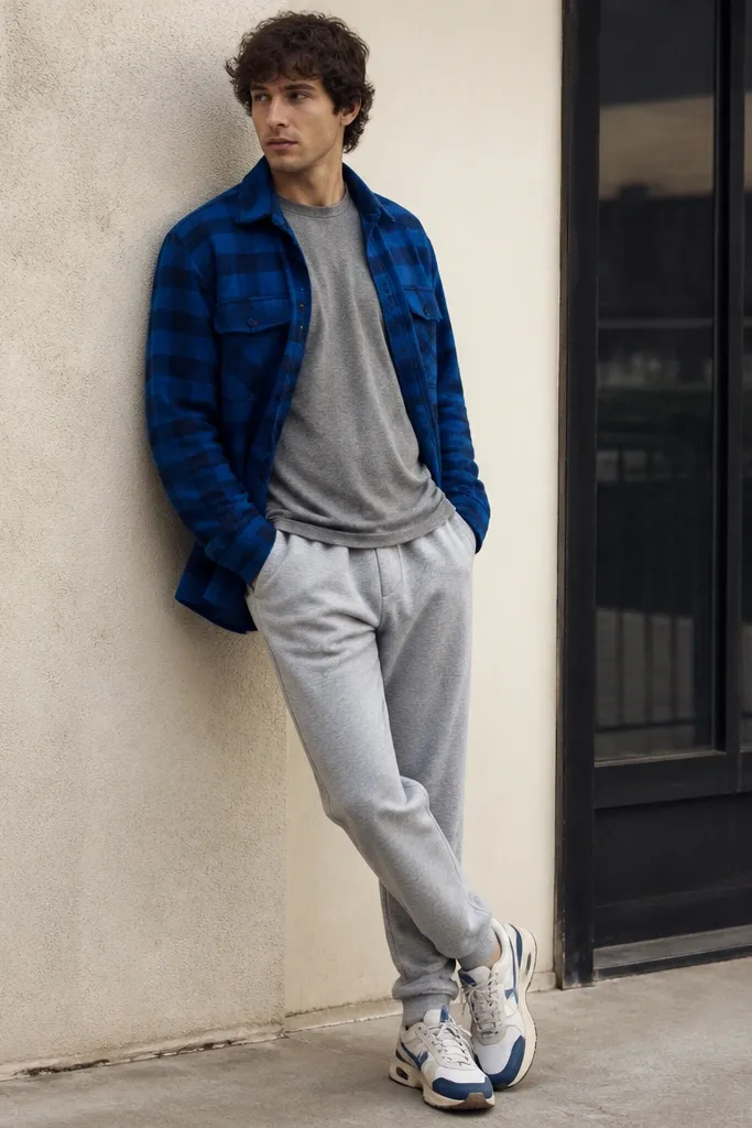 A cobalt blue flannel worn open over a gray long-sleeve tee, paired with gray sweatpants; retro-style sneakers are shown with a clean street vibe.