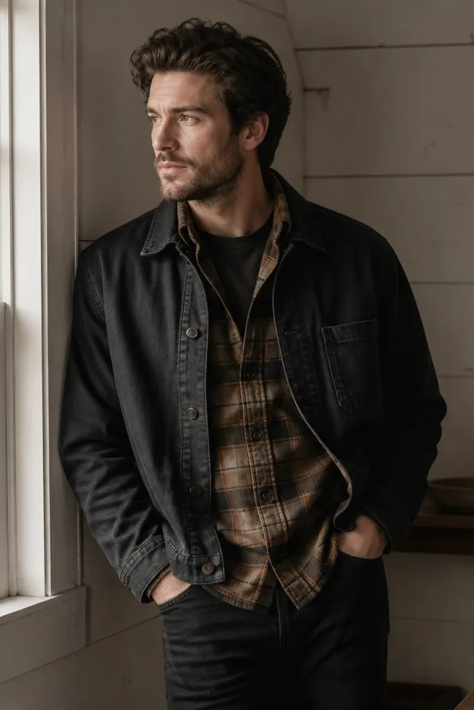 A brown plaid flannel worn as a mid-layer under a darker chore-style jacket, paired with black jeans; the collar and plaid edges are visible.
