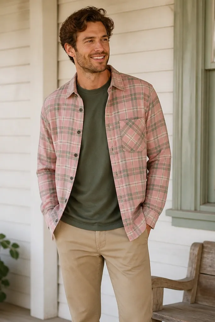 A light pink and muted plaid flannel worn open over a dark olive tee, paired with straight khaki pants; the scene looks bright and casual.