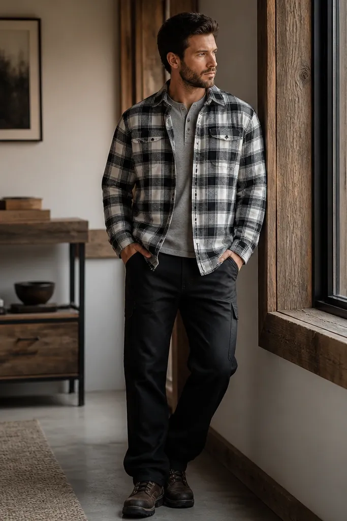A white and black plaid flannel buttoned with a henley neckline peeking out, paired with black work pants; sturdy shoes are visible.