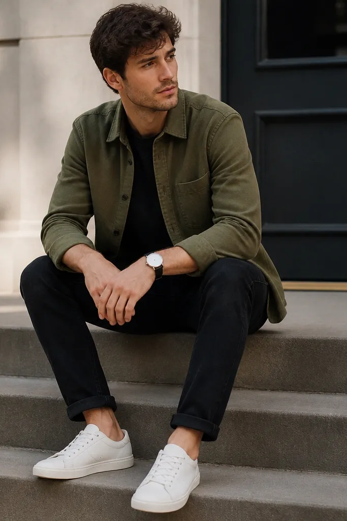 An olive green solid flannel overshirt worn over a dark tee, paired with black denim; a minimal watch and clean sneakers are shown.