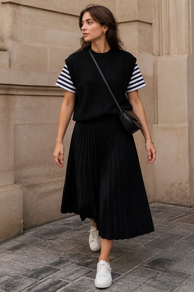 Model in a black sweater vest layered over a navy-and-white striped tee, paired with a black pleated midi skirt and white sneakers; small crossbody bag; street-style vibe.