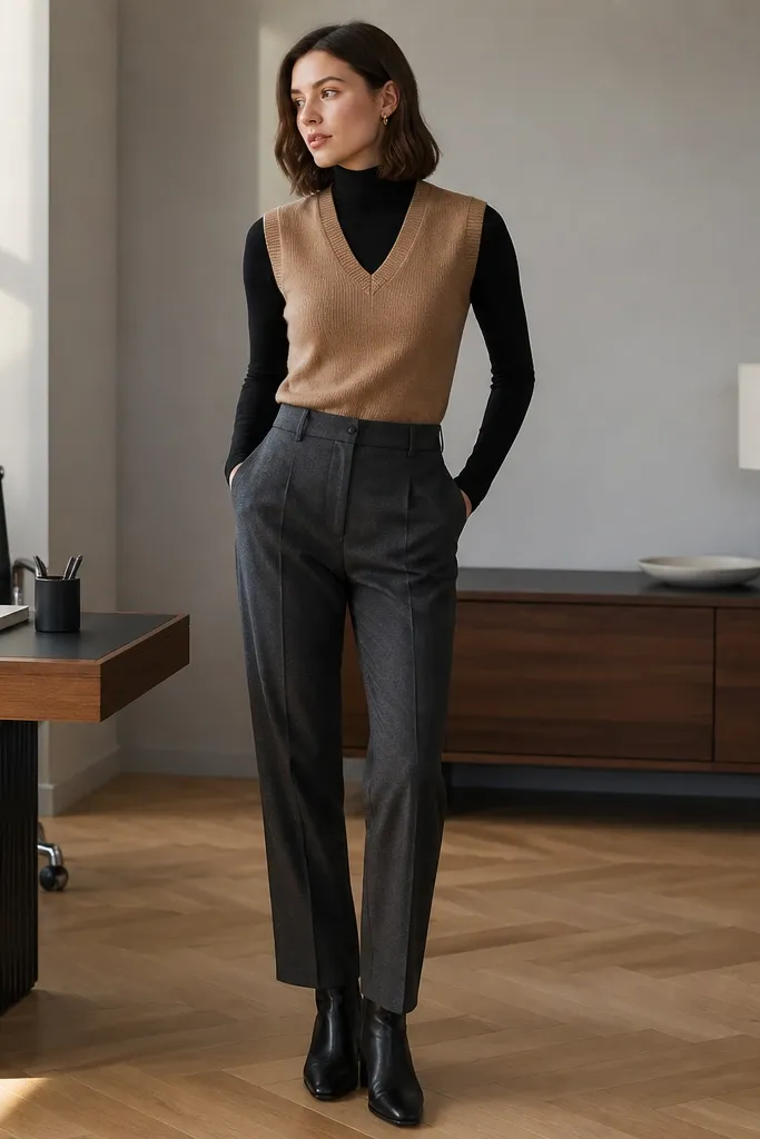 Model wearing a camel sweater vest over a fitted black turtleneck with high-waist charcoal tailored trousers; sleek black ankle boots; minimal office setting.