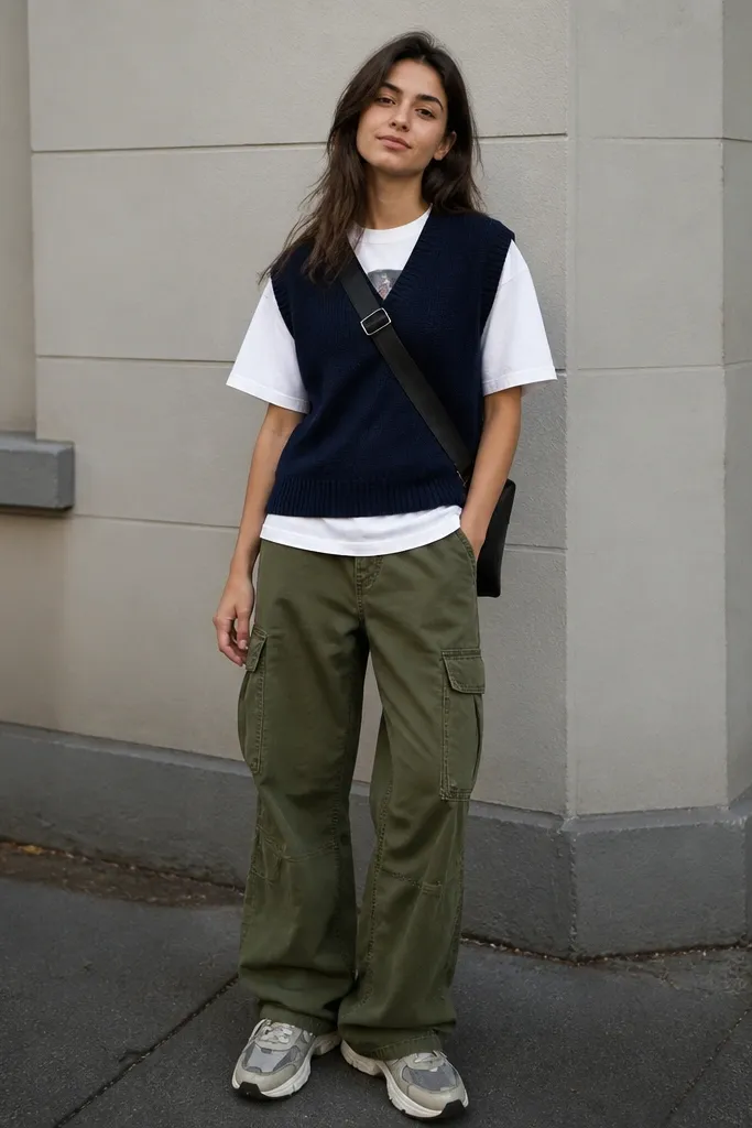 Woman in a navy sweater vest over a white graphic tee, paired with olive cargo pants and chunky sneakers; casual street background; crossbody strap visible.