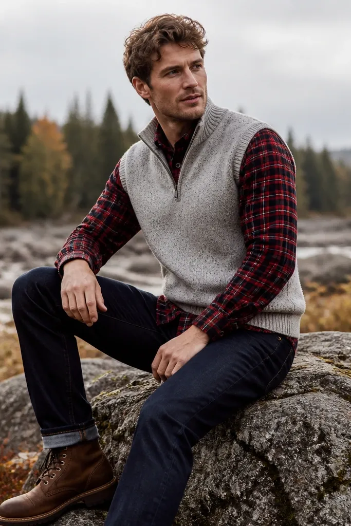 Model wearing a light gray sweater vest over a red-and-black flannel shirt, styled with dark wash jeans and brown lace-up boots; cozy outdoor look.