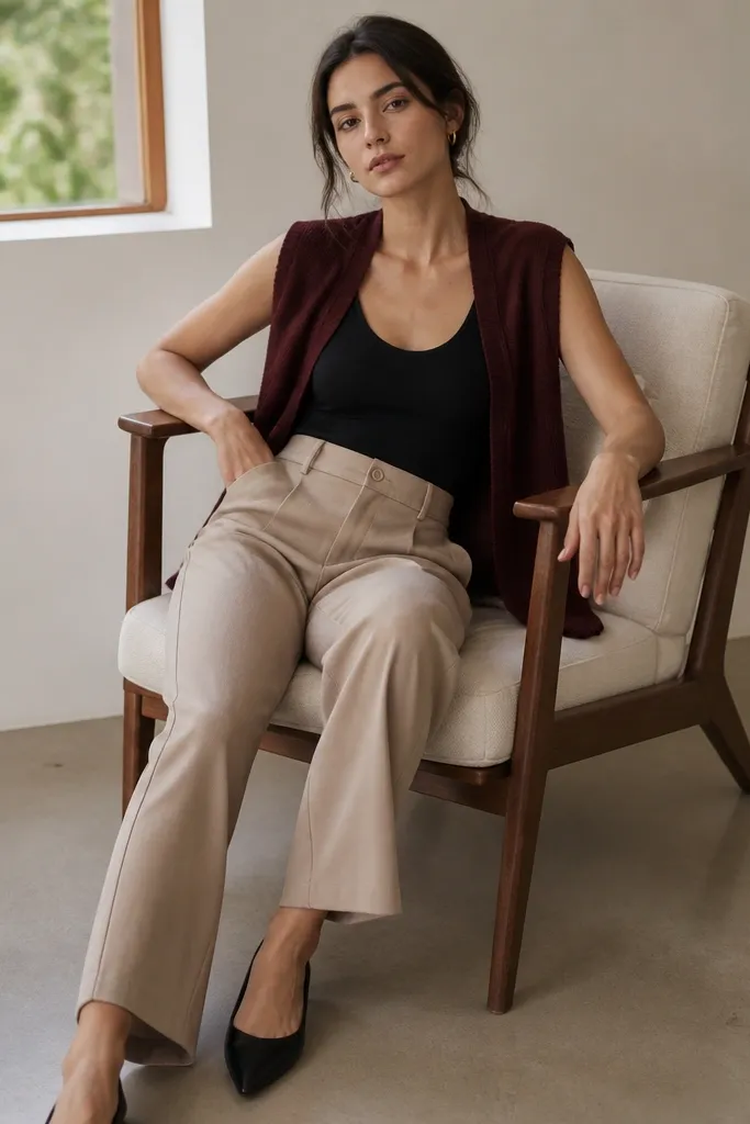 Woman wearing a burgundy sweater vest over a black scoop-neck bodysuit, paired with straight-leg beige trousers and black pointed-toe flats.