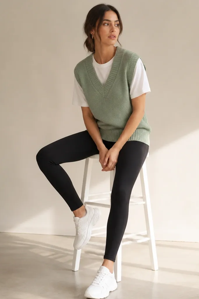 Woman wearing a sage green sweater vest over a plain white tee, layered with black leggings and white trainers; minimal background; sporty-casual look.