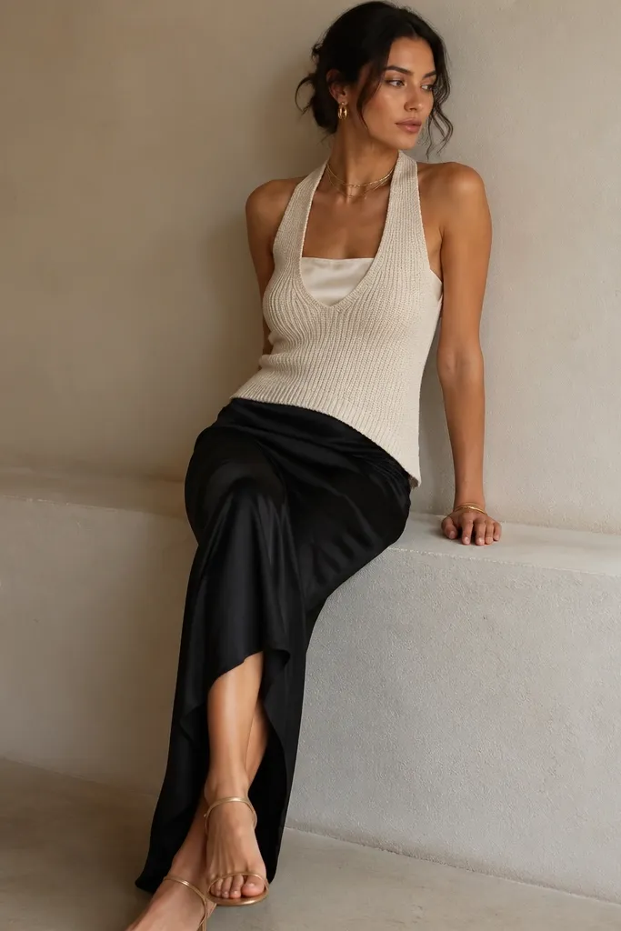 Woman wearing a knit sweater vest with a halter-style neckline over a silky cami, paired with a black maxi skirt; gold jewelry and strappy heels.