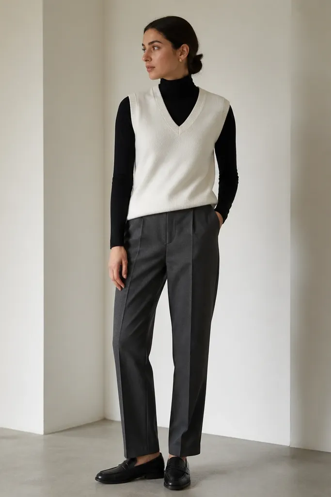 A white sweater vest layered over a fitted black turtleneck; straight-leg charcoal trousers; black loafers; minimal gold stud earrings; clean, monochrome silhouette.