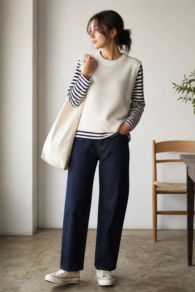 A white sweater vest over a navy-and-cream striped long-sleeve tee; dark indigo jeans; a casual canvas tote; sneakers; relaxed fit with the vest centered at the torso.