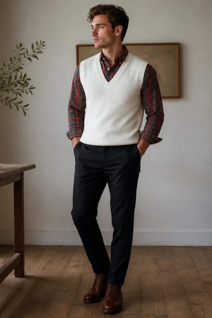 A white sweater vest layered over a red-and-green plaid button-down; the plaid collar is visible; sleeves slightly cuffed; slim dark trousers; brown leather boots.