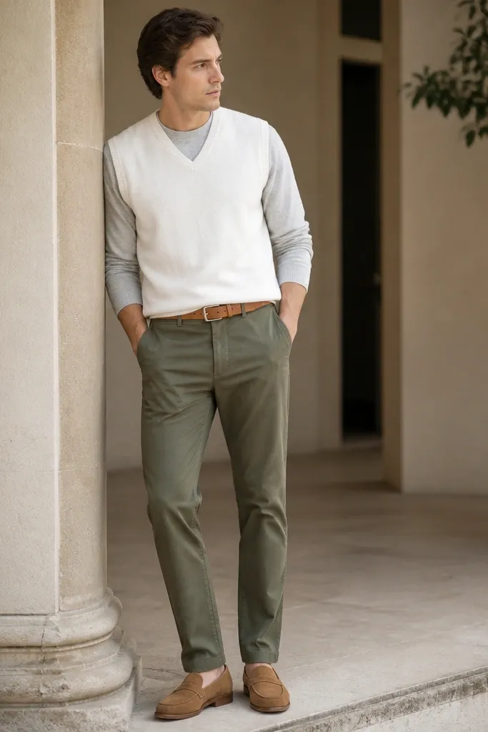A white sweater vest over a light gray crewneck; olive-green chinos; tan leather belt; tan suede loafers; soft daylight color palette.