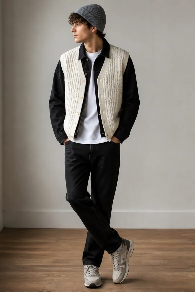 A white sweater vest over a black denim jacket and a plain white tee; black jeans; gray beanie; sneakers; the vest buttons or knit texture visible in front.