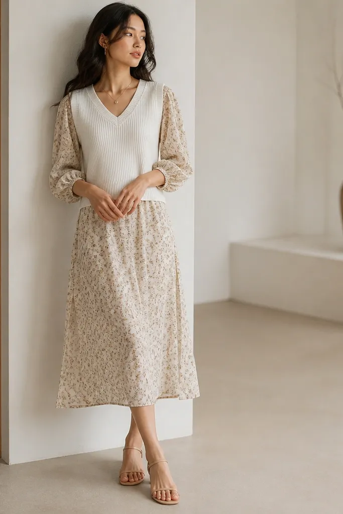 A white sweater vest worn over a light floral midi dress; the dress peeks from the sides; neutral sandals; delicate necklace; the vest sits over the bust with a gentle fit.