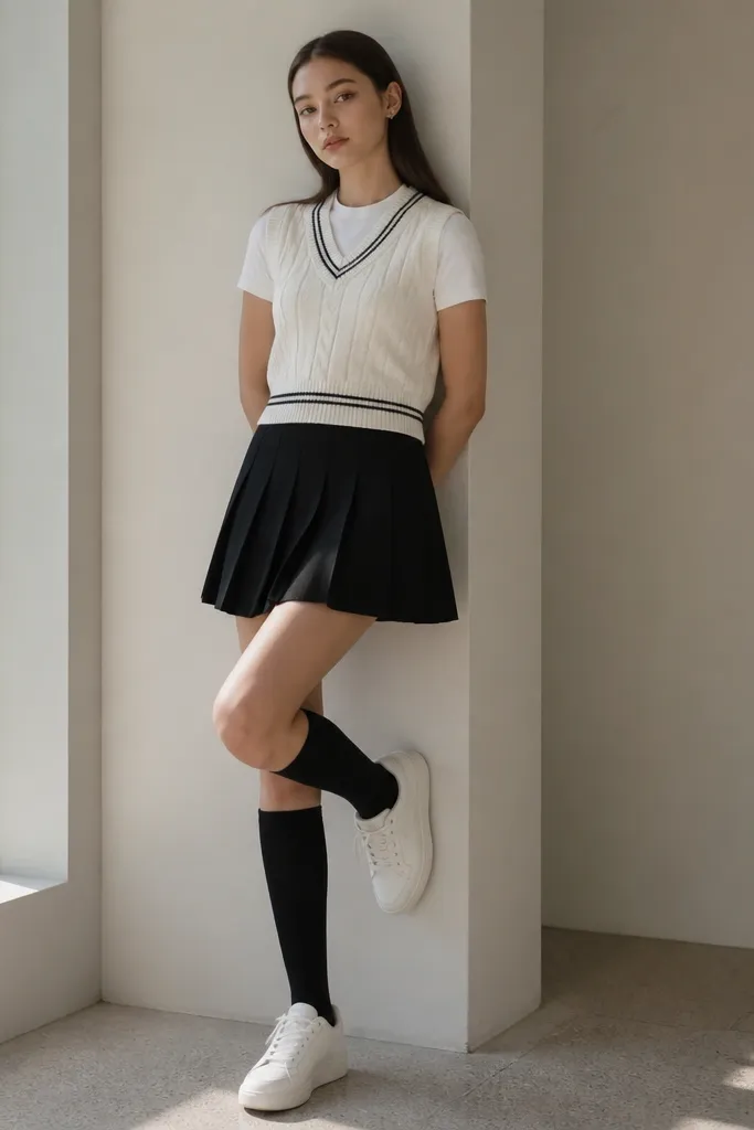 A white sweater vest over a white fitted tee; a black pleated skort; knee-high black socks; white sneakers; sporty-preppy styling with hair tucked behind ears.