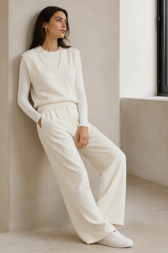 A white sweater vest over a fitted white long-sleeve top; matching off-white wide-leg pants; minimal gold hoops; white sneakers; seamless monochrome look with slight texture differences.