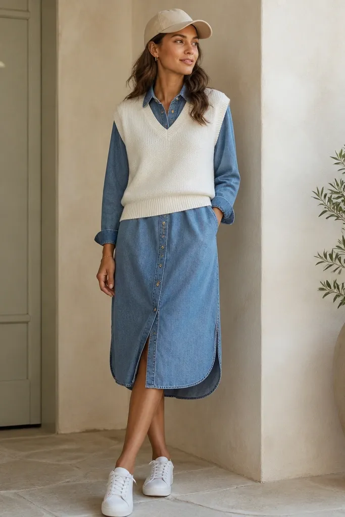 A white sweater vest over a chambray denim shirt dress; the dress buttons down in the center; sleeves visible at the cuffs; white sneakers; simple cap.