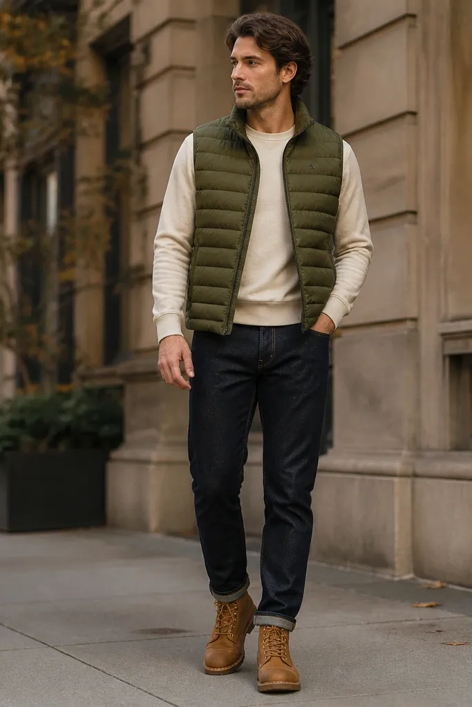 Outfit photo: olive puffer vest over a cream crewneck tee, dark indigo jeans, and rugged tan boots; background suggests an outdoor city sidewalk.