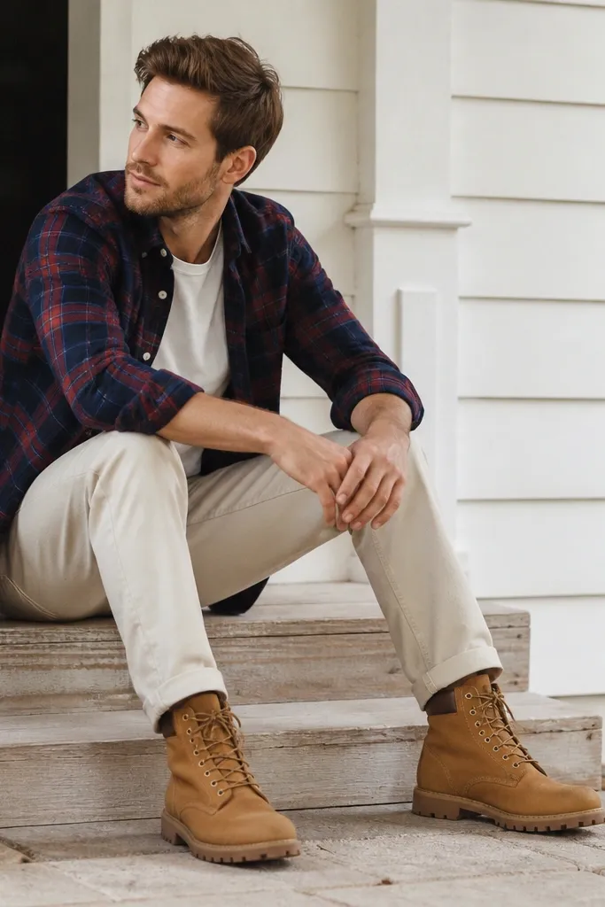 Person in a navy-and-red plaid flannel, off-white chinos, and brown Timberland-style boots; flannel is slightly open with a plain tee underneath.